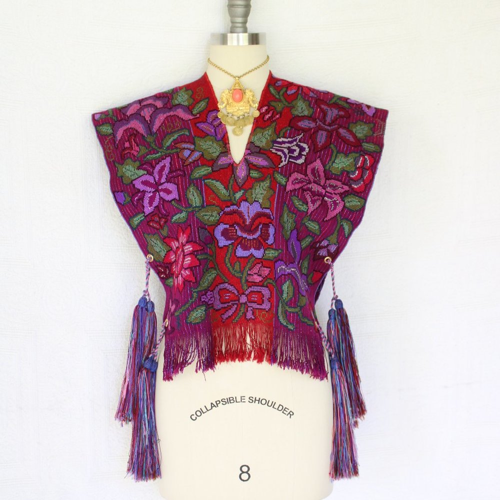 SOLD Vintage Needlepont tassel fringe woven ethnic floal aztec vest poncho - Picture 2 of 10